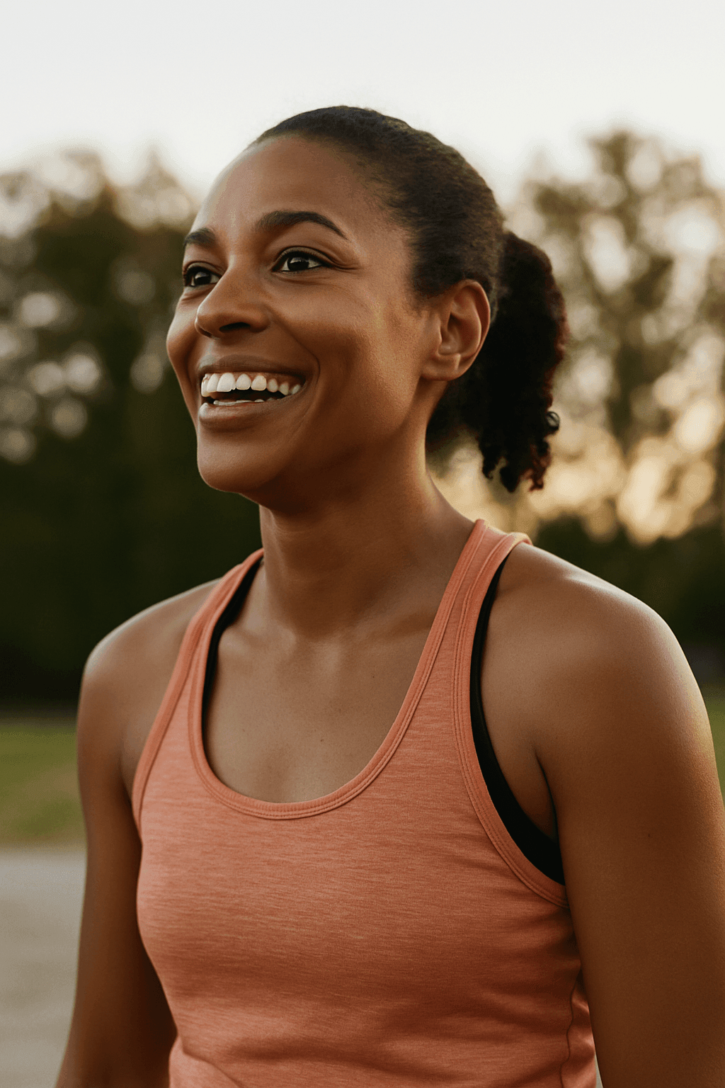 Woman smiles in satisfaction for achieving a goal Woman smiles in satisfaction for achieving a goal